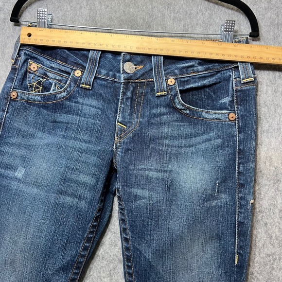 True Religion Bootcut Jeans Dark Wash Distressed Denim USA Made Size 29 Altered - Picture 2 of 13